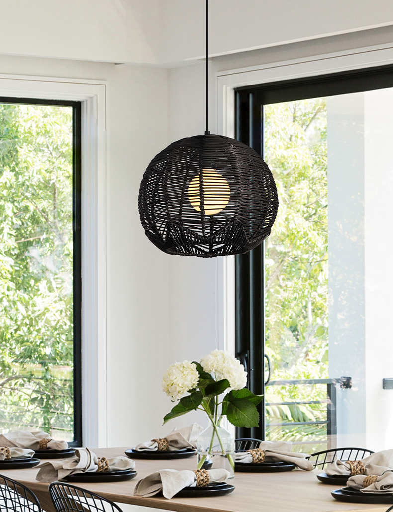Bohemian Modern Round Woven Rattan/Iron Pendant Light - Black