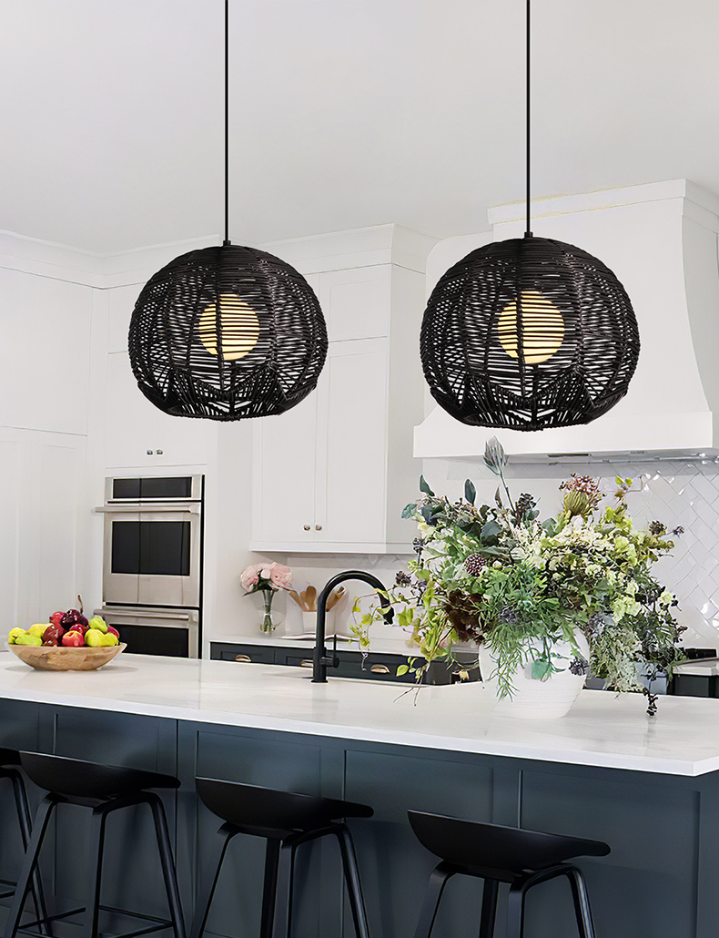 Bohemian Modern Round Woven Rattan/Iron Pendant Light - Black