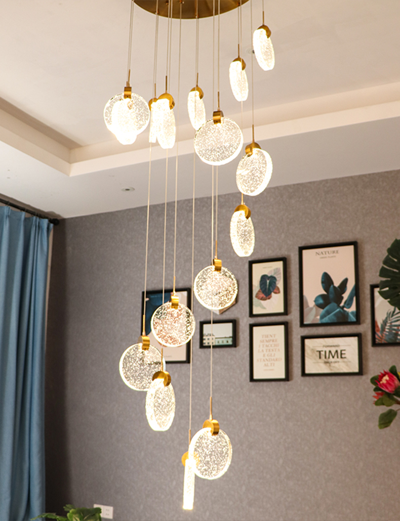 High Ceiling Slinglight Chandelier 16 Flames - Golden+Bubble Crystal