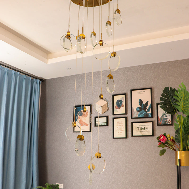 High Ceiling Slinglight Chandelier 16 Flames - Golden+Bubble Crystal