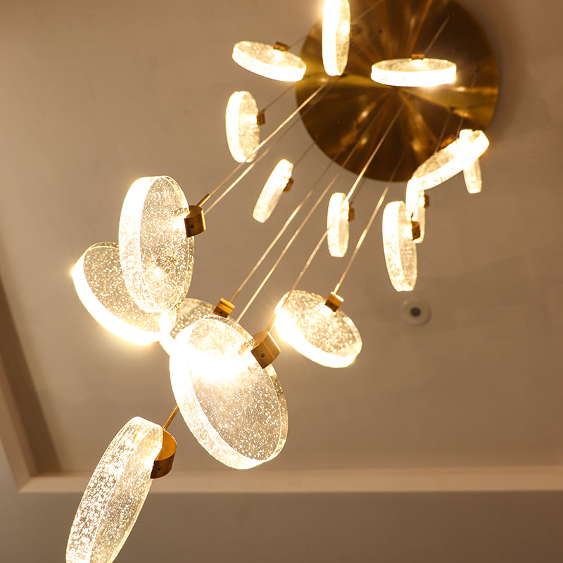 High Ceiling Slinglight Chandelier 16 Flames - Golden+Bubble Crystal
