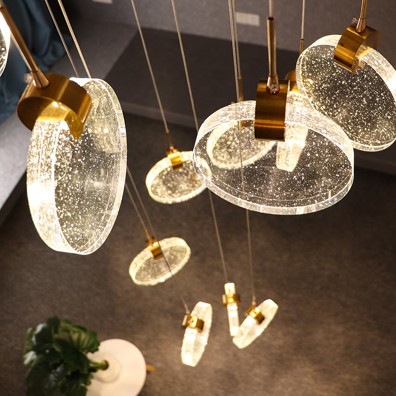 High Ceiling Slinglight Chandelier 16 Flames - Golden+Bubble Crystal