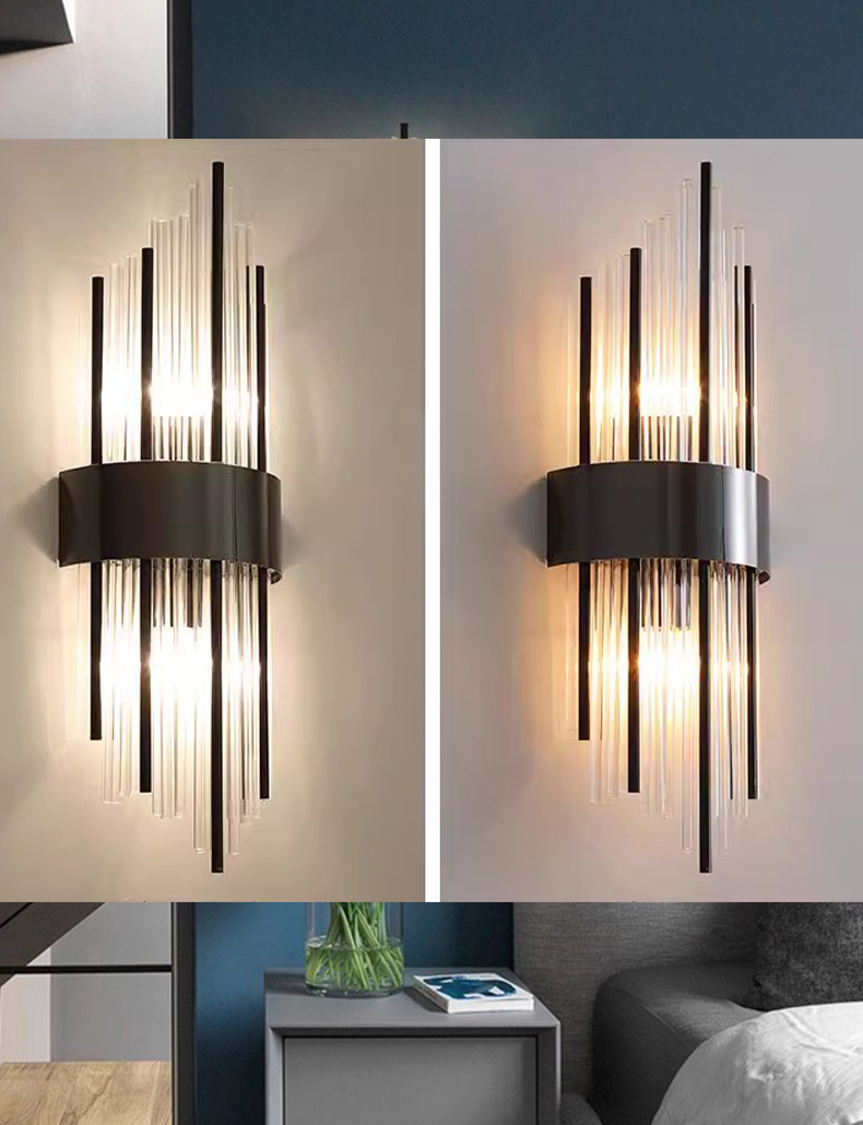 Modern Crystal Wall Sconce With Stainless Steel Base - Black Metal
