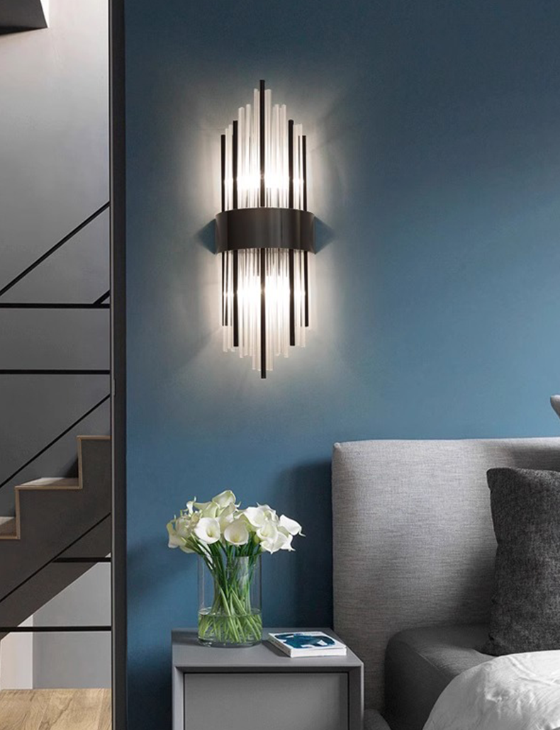 Modern Crystal Wall Sconce With Stainless Steel Base - Black Metal