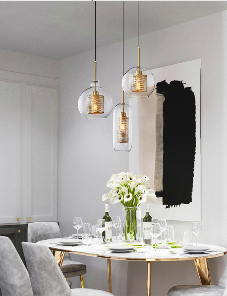 Modern Honeycomb Mesh Glass Pendant Light - Bronze Metal + Clear Glass