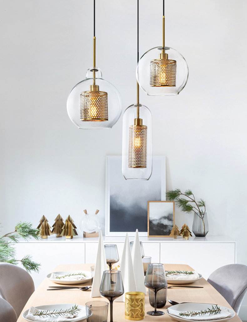 Modern Honeycomb Mesh Glass Pendant Light - Bronze Metal + Clear Glass