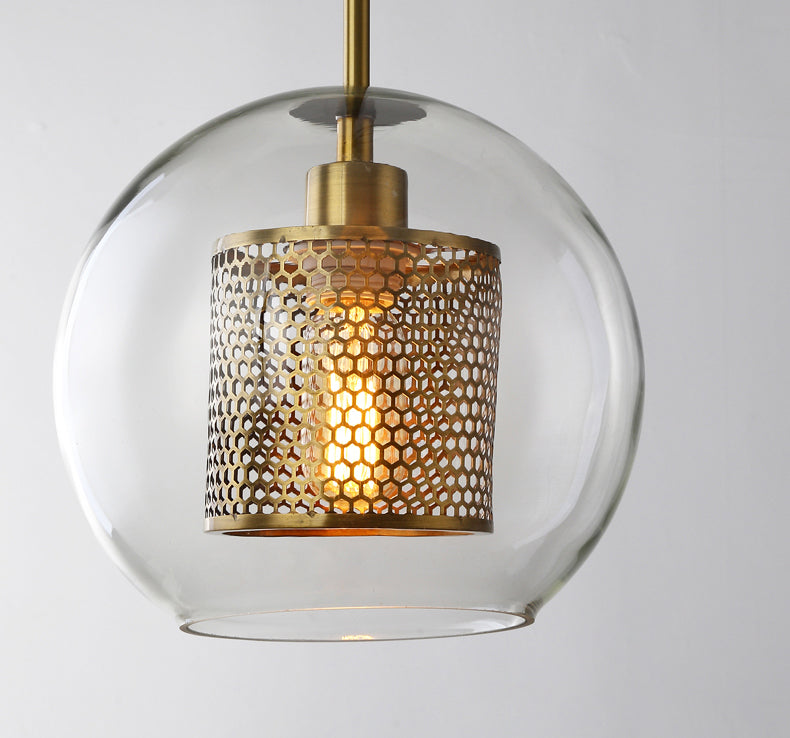 Modern Honeycomb Mesh Glass Pendant Light - Bronze Metal + Clear Glass