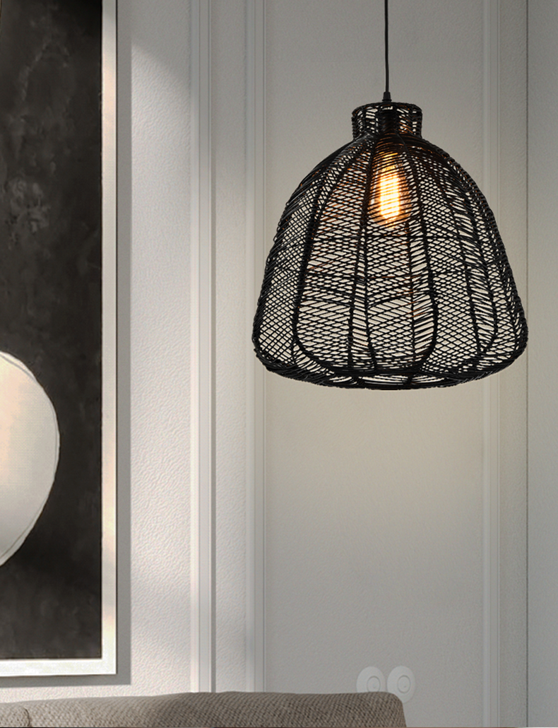 Nordic Rattan Basket Chandlier Hand - Woven Pendant Lamp - Black