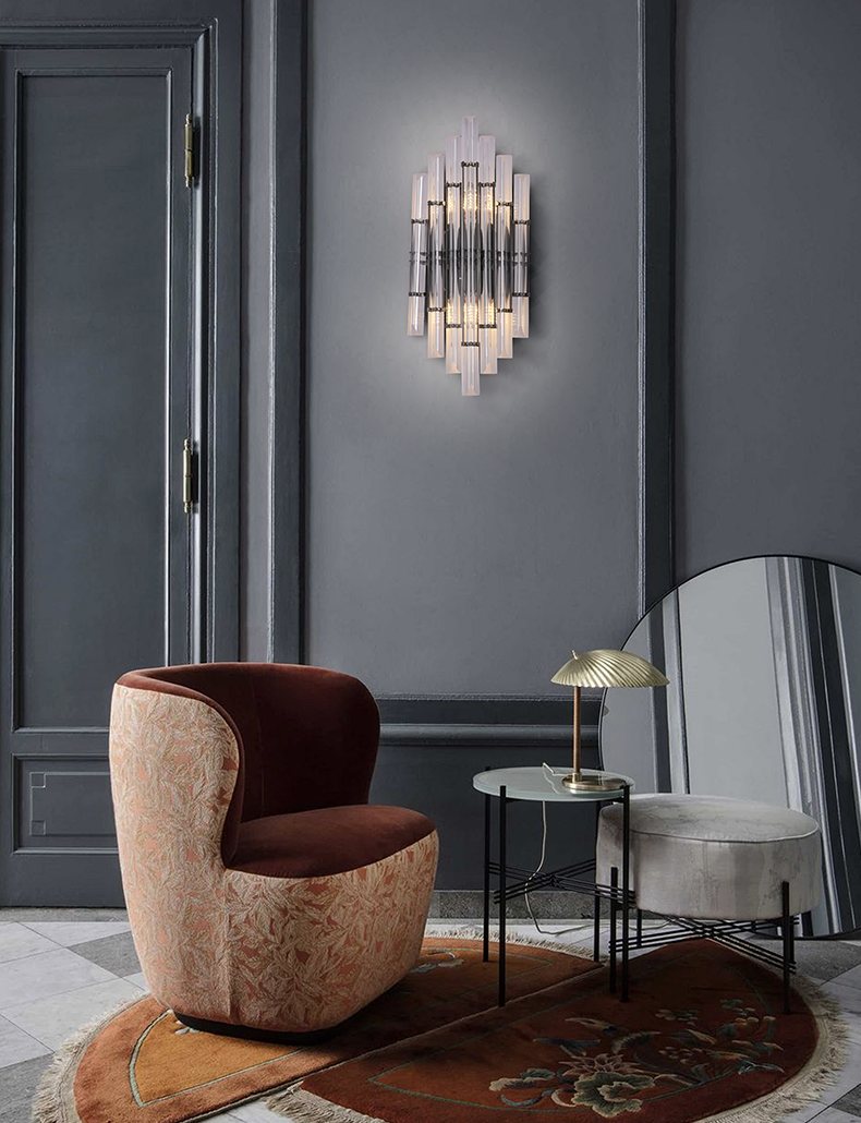 Nordic Tubular Crystal Wall Lamp - Pearl Black Metal + Clear Crystals