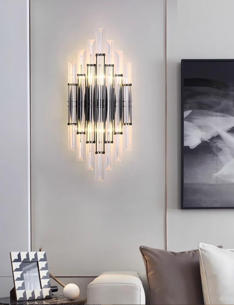 Nordic Tubular Crystal Wall Lamp - Pearl Black Metal + Clear Crystals