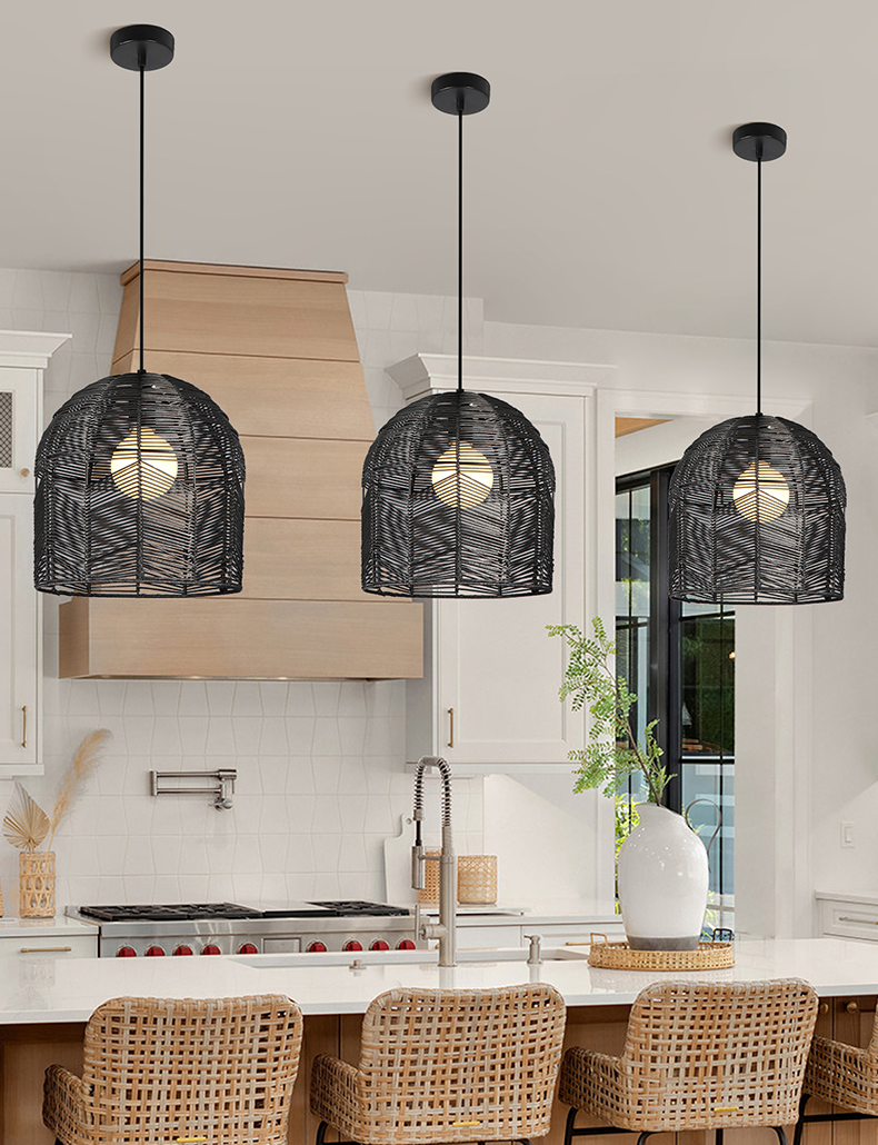 Rattan Pendant Light Fixture Boho Style in Black