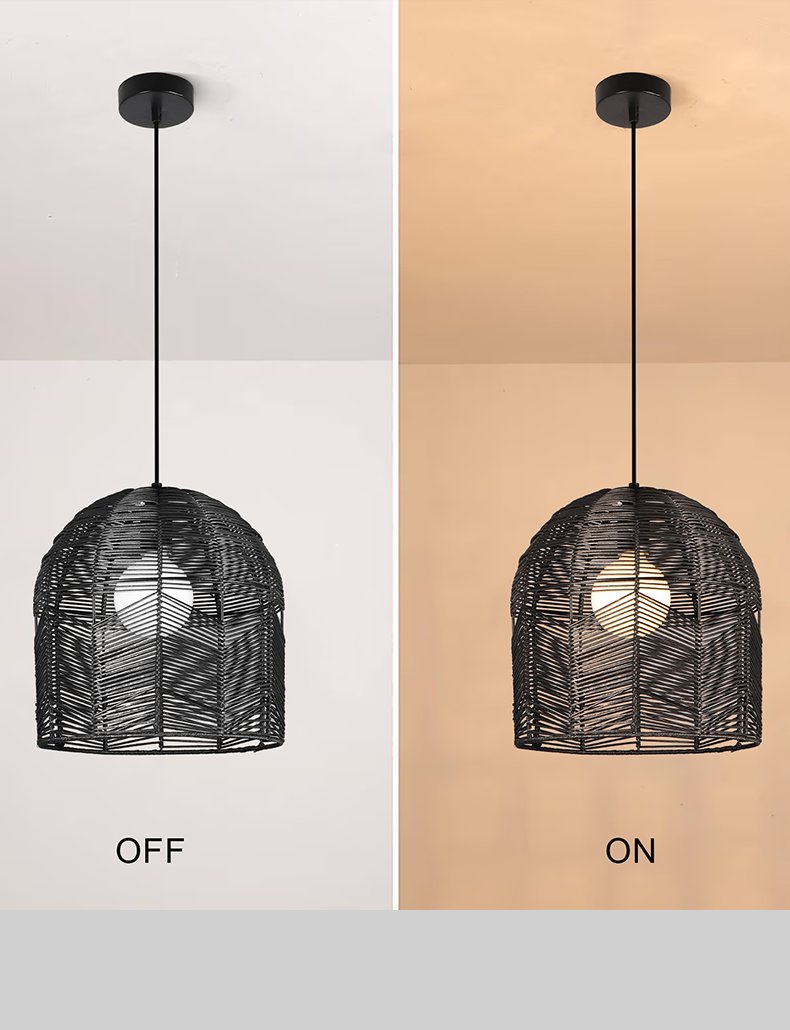 Rattan Pendant Light Fixture Boho Style in Black