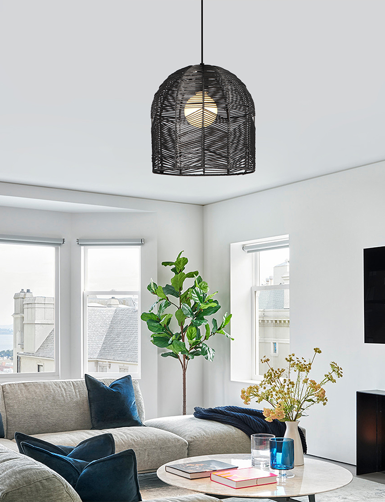 Rattan Pendant Light Fixture Boho Style in Black